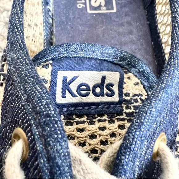Keds Champion crochet blue beige cotton jute lace up flat sneakers 8 - Picture 11 of 12